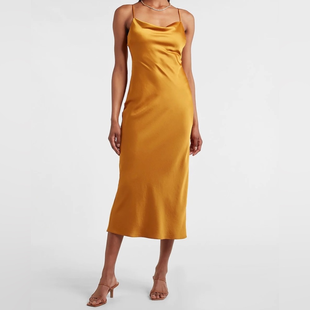 Express Honey Satin Cowl Neck Maxi Slip Dress Size Medium - Picture 1 of 10